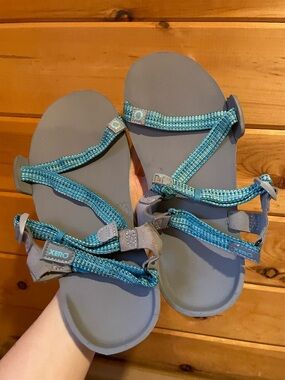 Xero Grey Sandals with Teal Webbing Straps